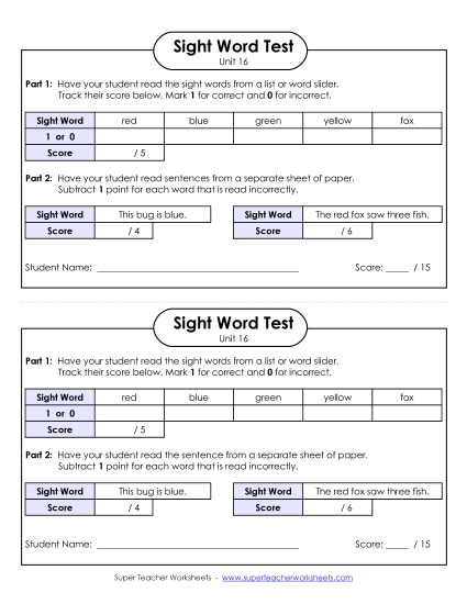 Sight Word Tests - 1-on-1 Reading Test (Unit 16) Sight Word Tests - 1-on-1 Reading Test (Unit 16)
