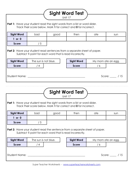 Sight Word Tests - 1-on-1 Reading Test (Unit 17) Sight Word Tests - 1-on-1 Reading Test (Unit 17)