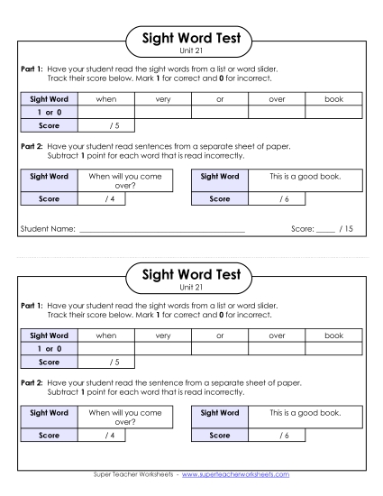 Sight Word Tests - 1-on-1 Reading Test (Unit 21)