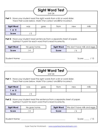 Sight Word Tests - 1-on-1 Reading Test (Unit 24) Sight Word Tests - 1-on-1 Reading Test (Unit 24)