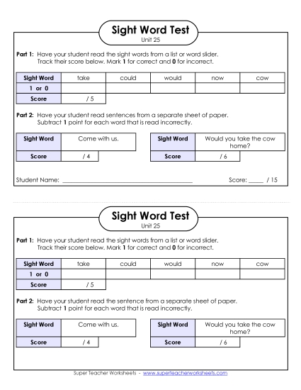 Sight Word Tests - 1-on-1 Reading Test (Unit 25) Sight Word Tests - 1-on-1 Reading Test (Unit 25)