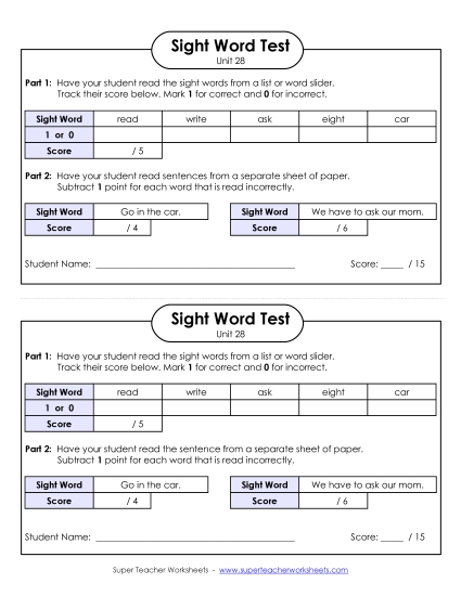 Sight Word Tests - 1-on-1 Reading Test (Unit 28) Sight Word Tests - 1-on-1 Reading Test (Unit 28)