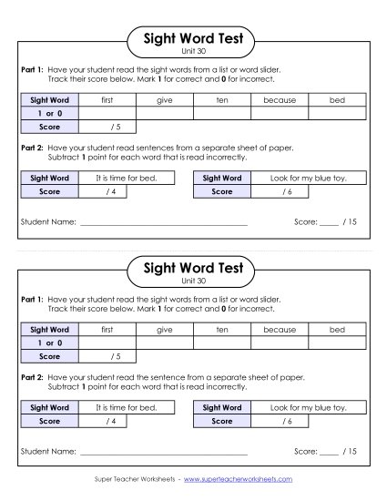 Sight Word Tests - 1-on-1 Reading Test (Unit 30)