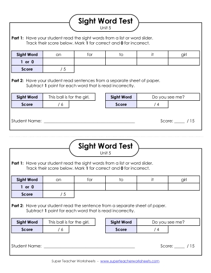 Sight Word Tests - 1-on-1 Reading Test (Unit 5)