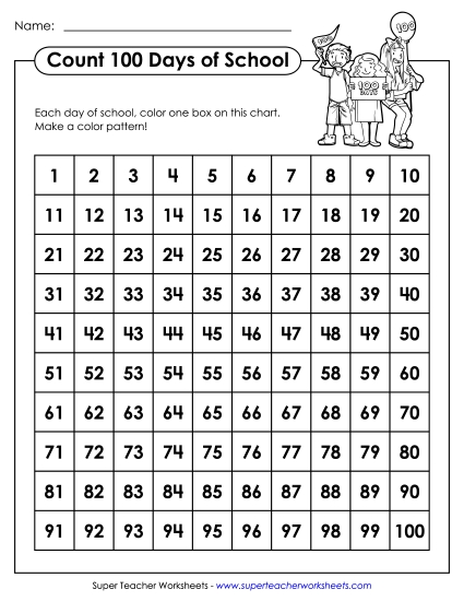 Activities & Worksheets - 100 Table: Color 100 Days