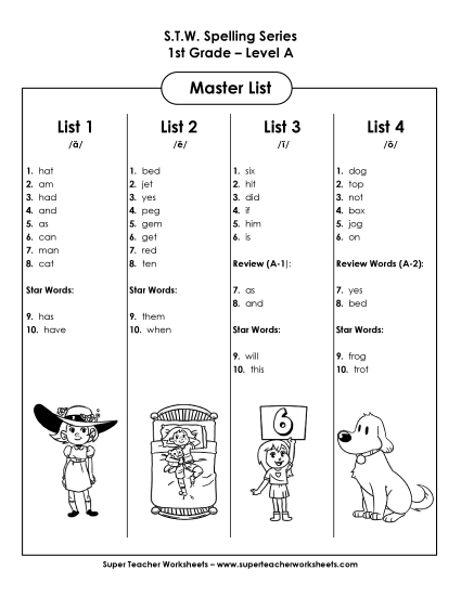 Master List - 1st Grade Spelling Series Master List (Printable PDF Worksheet)
