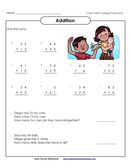 Addition (No Borrowing) - 2-Digit Addition Problems (No Regrouping) Addition (No Borrowing) - 2-Digit Addition Problems (No Regrouping)