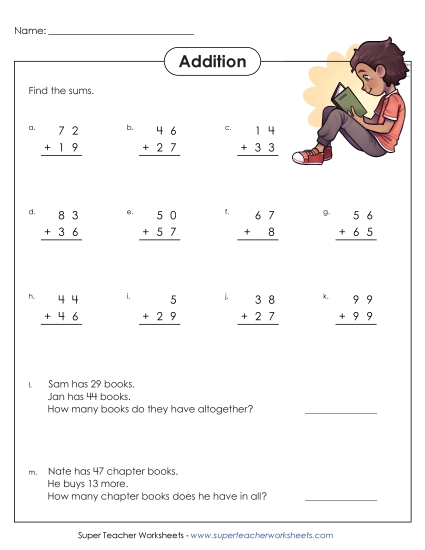 Worksheets (2-Digit Addends) - 2-Digit Addition Problems (Regrouping) 