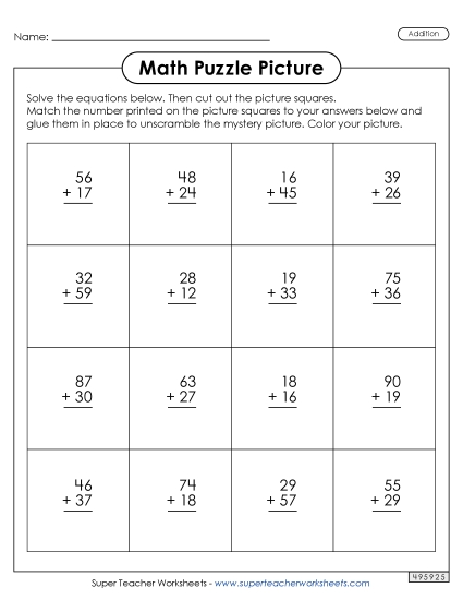 Winter Addition Worksheets - 2-Digit Addition - Snowball Fight Picture Puzzle