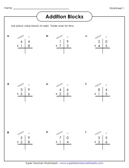 Worksheets (2-Digit Addends) - 2-Digit Addition with Place Value Blocks Worksheets (2-Digit Addends) - 2-Digit Addition with Place Value Blocks