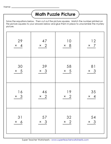 Multiplication - 2-Digit by 1-Digit Multiplication: Cut-and-Glue Mystery Puzzle Multiplication - 2-Digit by 1-Digit Multiplication: Cut-and-Glue Mystery Puzzle