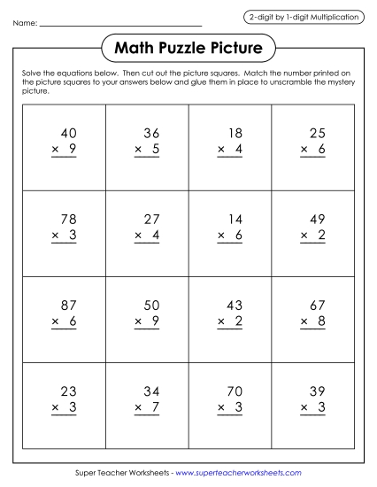 Christmas Multiplication Worksheets - 2-Digit by 1-Digit Multiplication: Match Puzzle Picture (Fireplace Scene) Christmas Multiplication Worksheets - 2-Digit by 1-Digit Multiplication: Match Puzzle Picture (Fireplace Scene)