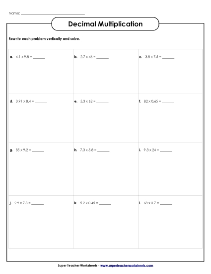 Multiplying Decimals By 2-Digit Numbers - 2-Digit Decimal Multiplication (Horizontal Problems)