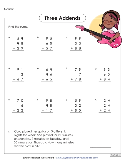 Two-Digit - 2-Digit Numbers, 3 Addends Two-Digit - 2-Digit Numbers, 3 Addends