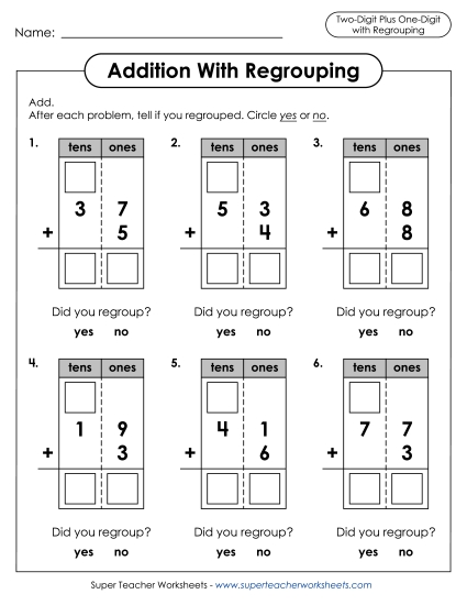 Worksheets (2-Digit Addends) - 2-Digit Plus 1-Digit with Regrouping Worksheets (2-Digit Addends) - 2-Digit Plus 1-Digit with Regrouping
