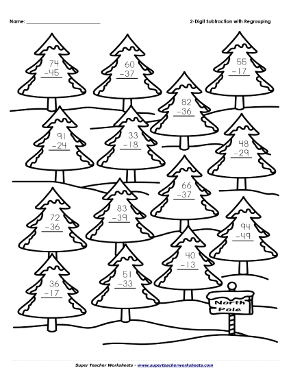 Winter Subtraction Worksheets - 2-Digit Subtraction Winter Trees (With Borrowing) Winter Subtraction Worksheets - 2-Digit Subtraction Winter Trees (With Borrowing)