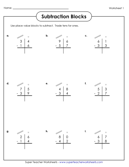 2-Digit Subtraction (With Borrowing) - 2-Digit Subtraction with Place Value Blocks 2-Digit Subtraction (With Borrowing) - 2-Digit Subtraction with Place Value Blocks