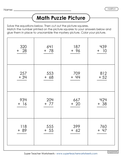 Addition (3-Digit Addends) - 3-Digit + 2 Digits - Snowman Picture Puzzle Addition (3-Digit Addends) - 3-Digit + 2 Digits - Snowman Picture Puzzle