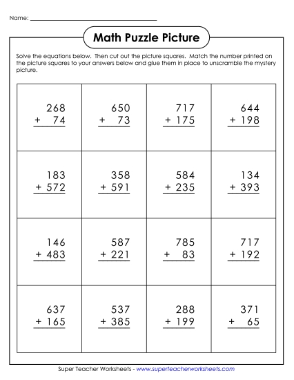 Addition - 3-Digit Addition: Werewolf Cut-and-Glue Mystery Puzzle Addition - 3-Digit Addition: Werewolf Cut-and-Glue Mystery Puzzle