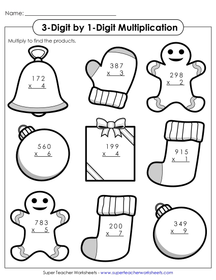 Christmas Multiplication Worksheets - 3-Digit by 1-Digit Christmas Multiplication Christmas Multiplication Worksheets - 3-Digit by 1-Digit Christmas Multiplication