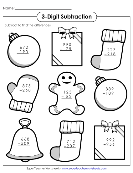Christmas Subtraction - 3-Digit Christmas Subtraction