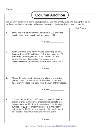 Three-Digit - 3-Digit Numbers, 3 Addends Word Problems #1 Three-Digit - 3-Digit Numbers, 3 Addends Word Problems #1