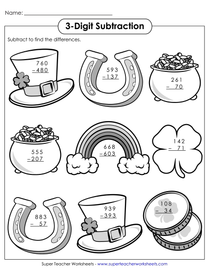 St. Pat's Subtraction - 3-Digit St. Patrick's Subtraction