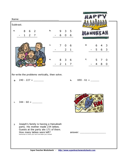 Hanukkah Math Worksheets - 3-Digit Subtraction - Hanukkah Hanukkah Math Worksheets - 3-Digit Subtraction - Hanukkah
