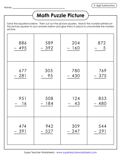 Christmas Subtraction - 3-Digit Subtraction: Match Puzzle Picture (Santa)