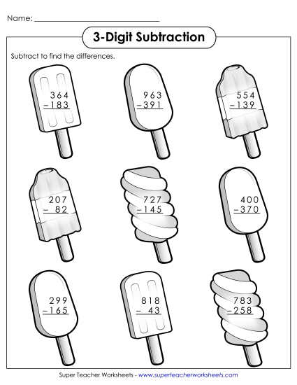 Summer Subtraction - 3 - Digit Subtraction Popsicles Summer Subtraction - 3 - Digit Subtraction Popsicles