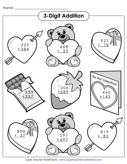 Valentine Addition - 3-Digit Valentine's Addition