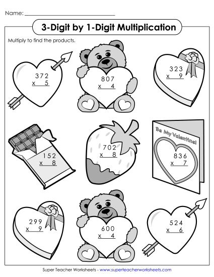 Valentine Multiplication - 3-Digit Valentine's Multiplication