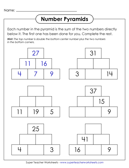 Missing Addends - 3-Row Number Pyramids (Printable PDF Worksheet)