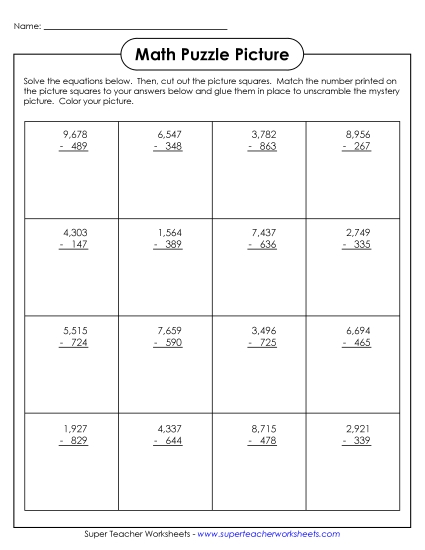 4-Digit Subtraction - 4-Digit: Astronaut Picture Puzzle