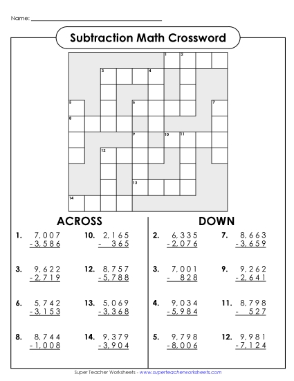 4-Digit Subtraction Worksheets - 4-Digit Subtraction Crossword