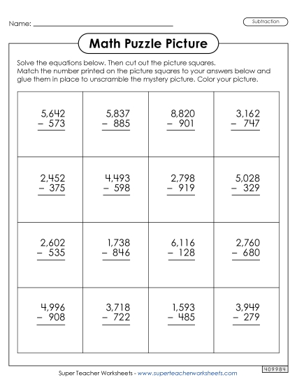 Winter Subtraction Worksheets - 4-Digit Subtraction - Figure Skater Picture Puzzle