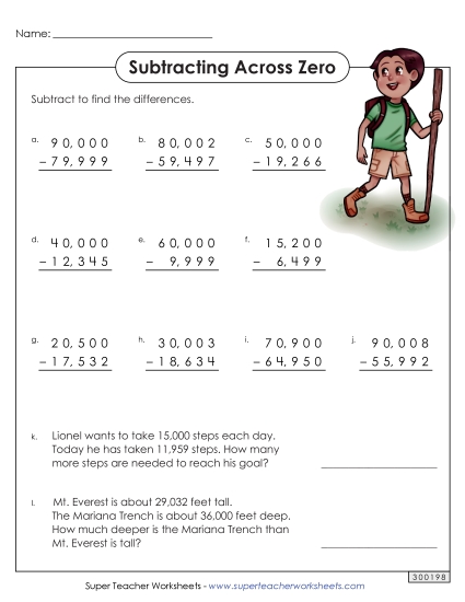 Worksheets - 5-Digit Subtraction (Across Zero)