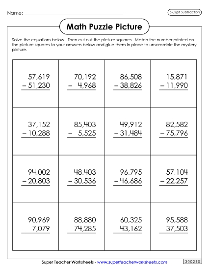 Worksheets - 5-Digit Subtraction: Astronaut Puzzle Picture