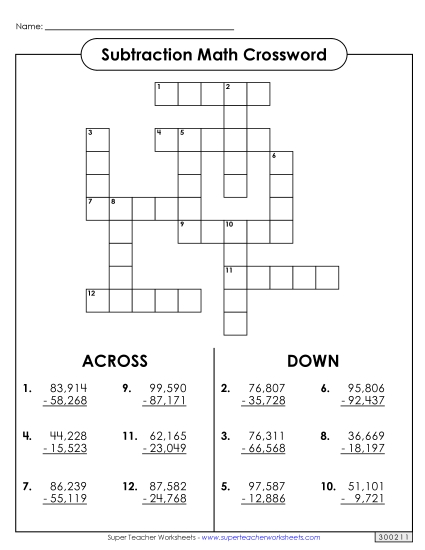 Worksheets - 5-Digit Subtraction Crossword Worksheets - 5-Digit Subtraction Crossword
