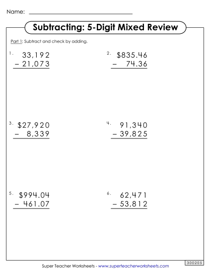 Worksheets - 5-Digit Subtraction: Mixed Review