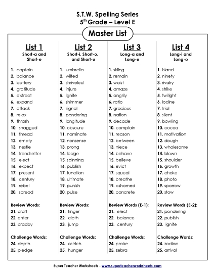 Master List - 5th Grade Spelling Master List Master List - 5th Grade Spelling Master List