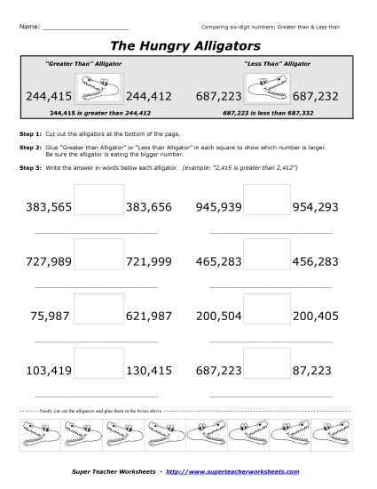 Comparing Numbers - 6-Digit Alligators Number Comparison