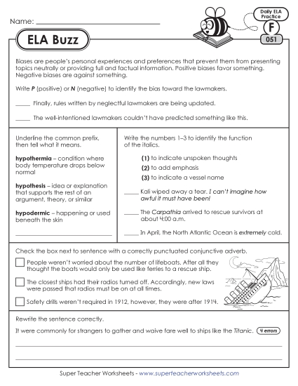 6th Grade ELA Buzz: Week 11 Worksheets 51 through 55 (Printable PDF Worksheet)