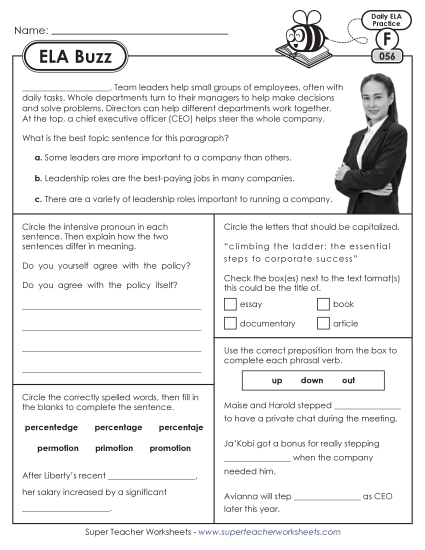 6th Grade ELA Buzz: Week 12 Worksheets 56 through 60 (Printable PDF Worksheet)