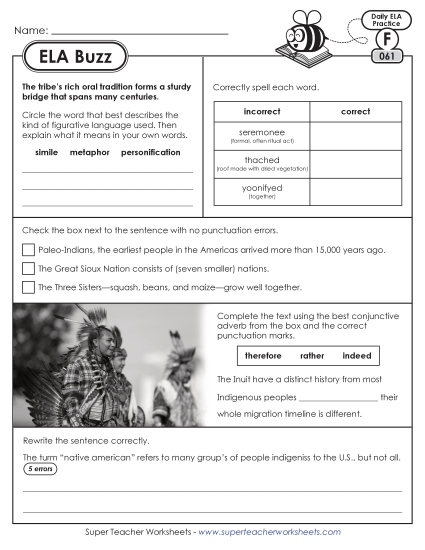 6th Grade ELA Buzz: Week 13 Worksheets 61 through 65 (Printable PDF Worksheet)