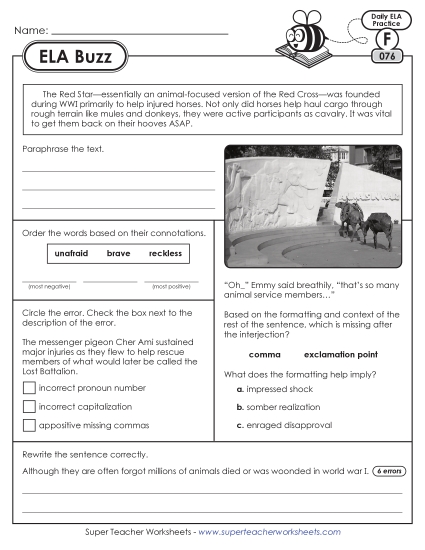 6th Grade ELA Buzz: Week 16 Worksheets 76 through 80 (Printable PDF Worksheet)