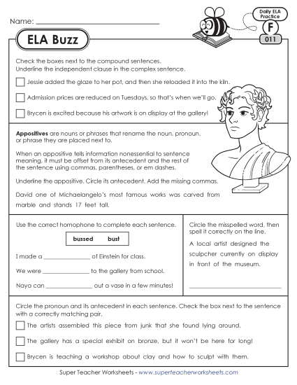 6th Grade ELA Buzz: Week 3 Worksheets 11 through 15 (Printable PDF Worksheet)