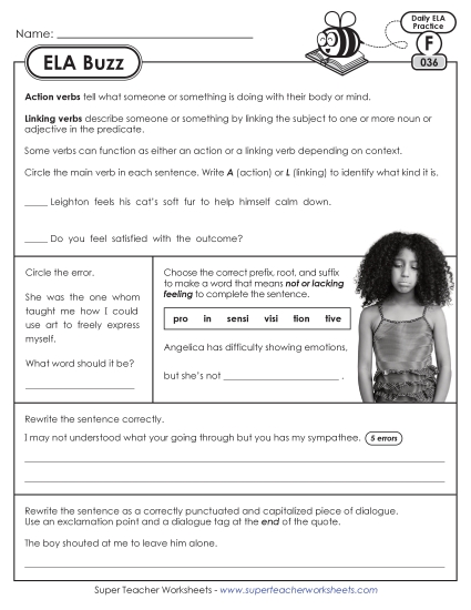 6th Grade ELA Buzz: Week 8 Worksheets 36 through 40 (Printable PDF Worksheet)