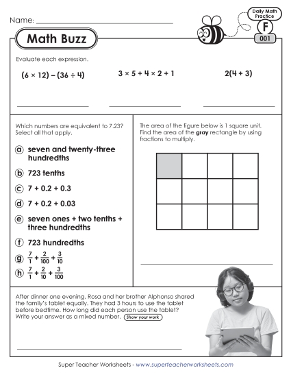 6th Grade Math Buzz Week 1: Worksheets 1 through 5 (Printable PDF Worksheet)