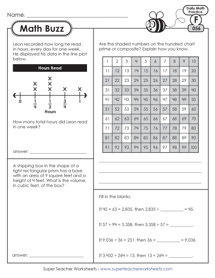 Math - 6th Grade Math Buzz: Week 12 Worksheets 56 through 60 (Printable PDF Worksheet)